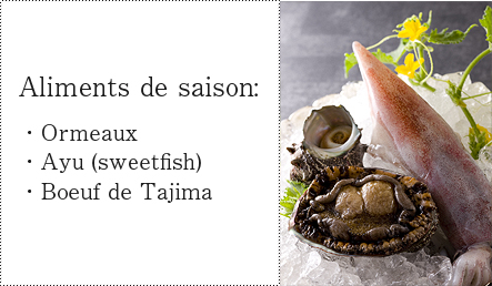 Featured dishes: Abalone, Sweetfish, Tajima Beef
